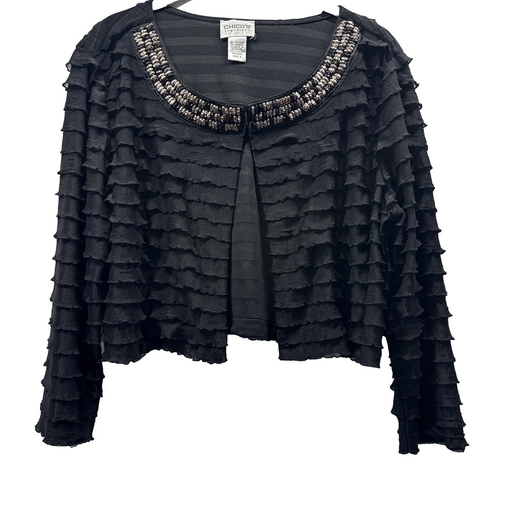 Chicos Women's Cropped Jacket L Black Ruffle Beaded Long Sleeve Open Whimsigoth